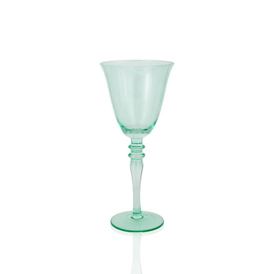 Mint green wine glass with stem and flared bowl, elegant glassware for weddings, parties, and event bar service, rack of 16.