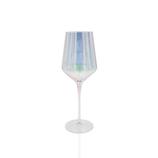 Iridescent wine glass with ribbed bowl and rainbow sheen, elegant event glassware for weddings, parties, and bar service, rack of 16.