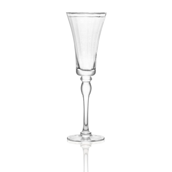 Marie clear champagne flute with thin silver rim and classic stem, elegant event glassware for weddings and toasts, rack of 25.