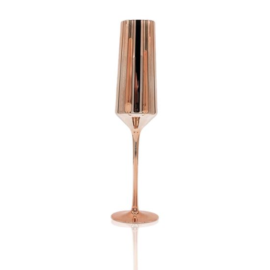 Reflection rose gold champagne flute with metallic mirrored finish and slender stem, luxury event glassware for weddings and toasts, racks of 36.
