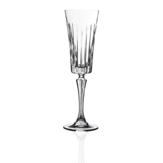 Timeless clear champagne flute with vertical ribbed bowl and classic stem, elegant event glassware for weddings and champagne toasts, rack of 36.