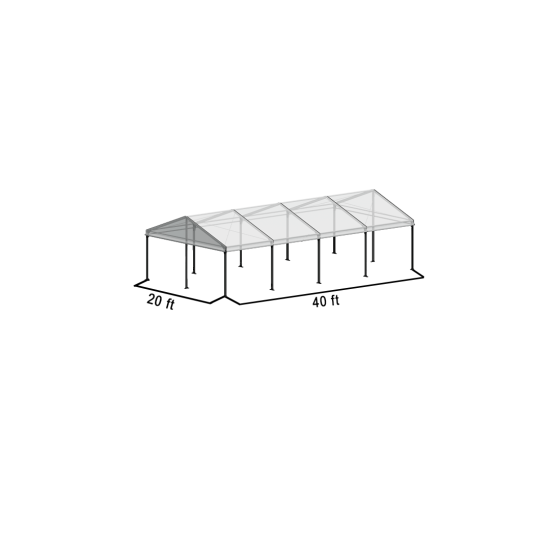 20'x40' A-frame structure tent with black frame and white pitched roof, open-sided event structure displayed in product rendering with dimensions