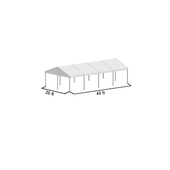 20'x40' A-frame structure tent with silver frame and white pitched roof, open-sided event structure displayed in product rendering with dimensions