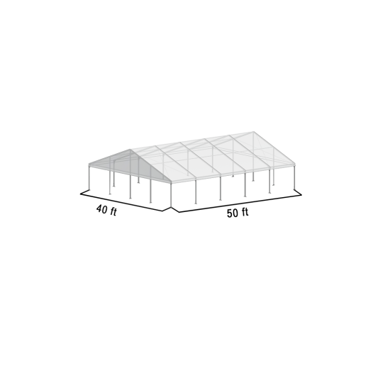40'x50' A-frame event tent featuring a silver frame and clear pitched roof, open-sided structure displayed in product rendering with visible size markings