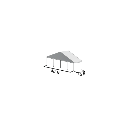 40'x10' A-frame event tent with black frame and white pitched roof, open-sided structure shown in clean product rendering with clearly labeled dimensions