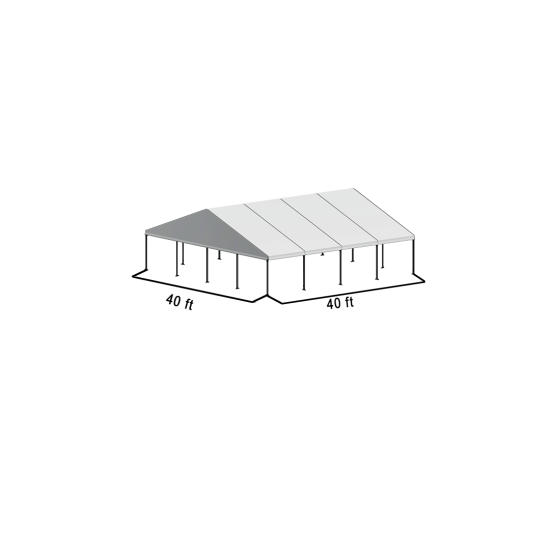 40'x40' A-frame event tent with black frame and white pitched roof, open-sided structure shown in clean product rendering with clearly labeled dimensions