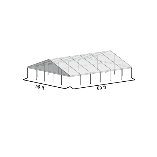50'x60' A-frame structure tent with black frame and clear top panels, showing a peaked roof design and labeled dimensions for event tent installations