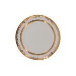 Arte Italica salad plate with white center, gold band, and gray floral rim accents, round formal style on a white background for weddings