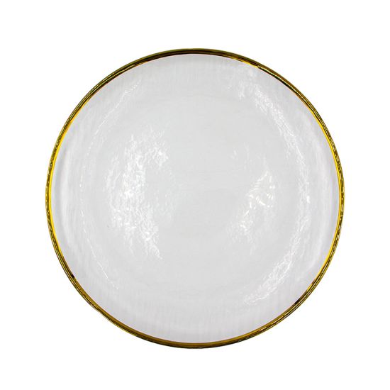 Eclipse dinner plate with white textured surface and thin metallic gold rim, round elegant design on a white background for formal table décor