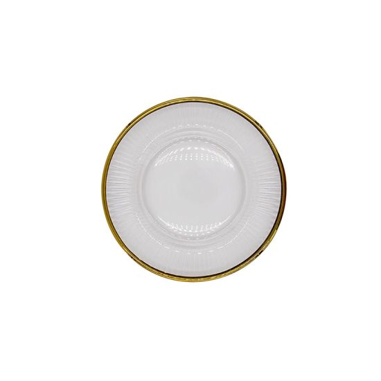 Clear glass dessert plate with gold beaded rim and subtle textured pattern, small round plate on a white background