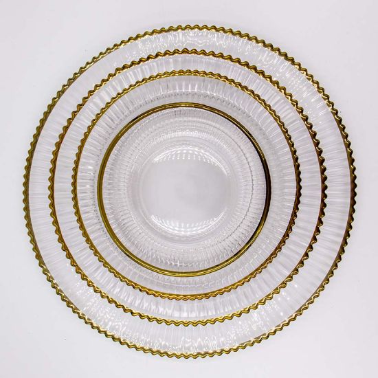 Clear mystique charger plate with smooth center and gold beaded rim, refined glass charger for formal wedding and event table settings