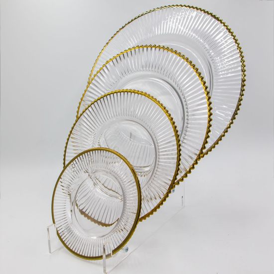 Clear mystique charger plate with smooth center and gold beaded rim, refined glass charger for formal wedding and event table settings