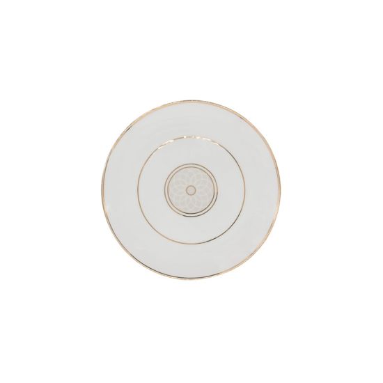 White dessert plate with thin gold rim and small gold circular detailing in the center, small round plate on a white background
