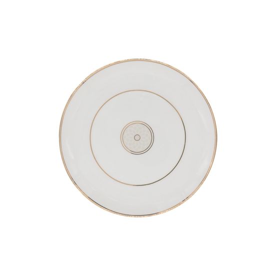 White salad plate with thin gold rim and subtle gold circular detailing in the center, medium round plate on a white background