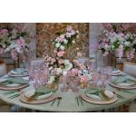 Gold dinner spoon with light green handle, stylish flatware for catered events, weddings, and polished tablescapes.