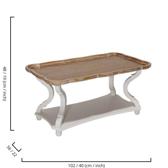 French country rectangular side table with carved wood legs and lower shelf, rustic accent table for weddings and event lounges