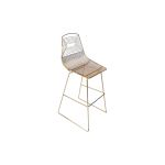 Gold wire metal bar stool with slender open-wire seat and backrest, four-leg frame with foot-rail in polished gold finish for modern event bar seating