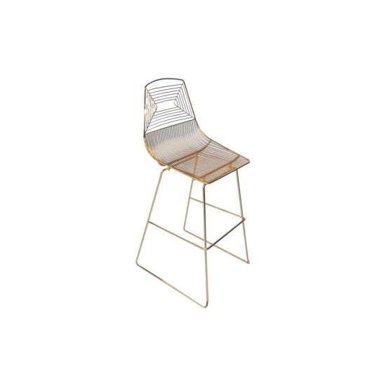 Gold wire metal bar stool with slender open-wire seat and backrest, four-leg frame with foot-rail in polished gold finish for modern event bar seating