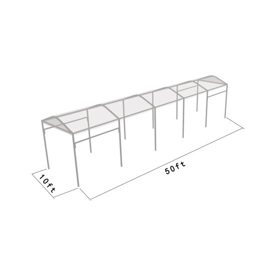 10'x50' curved event tent with silver frame and clear arched roof, modern structure ideal for outdoor events and rentals