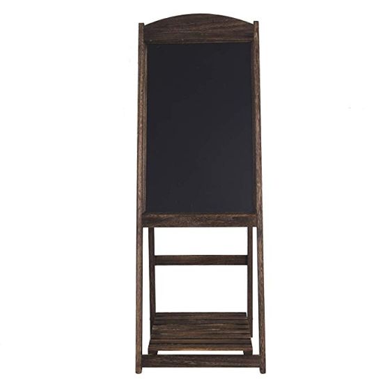 Freestanding wooden chalkboard easel sign with dark frame, ideal for wedding welcome sign or seating chart display.