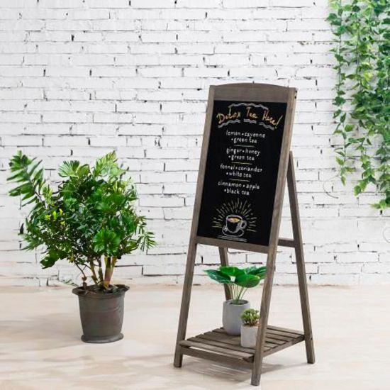 Freestanding wooden chalkboard easel sign with dark frame, ideal for wedding welcome sign or seating chart display.