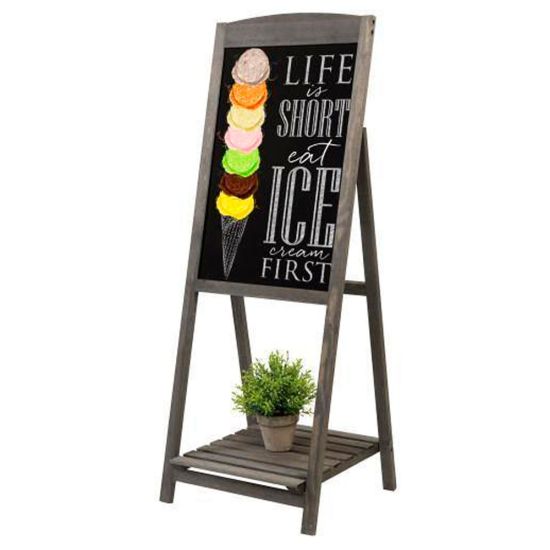 Freestanding wooden chalkboard easel sign with dark frame, ideal for wedding welcome sign or seating chart display.