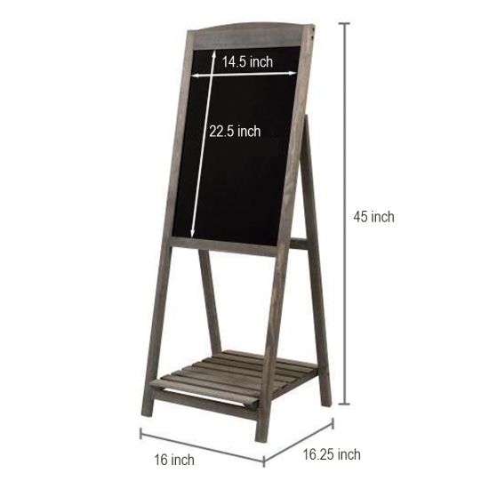 Freestanding wooden chalkboard easel sign with dark frame, ideal for wedding welcome sign or seating chart display.