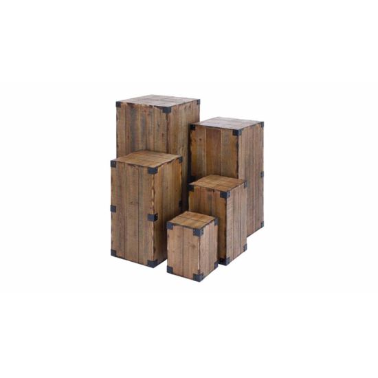 Set of five rustic vintage wooden crate-style accent tables in assorted sizes, farmhouse event décor rental.