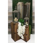 Set of five rustic vintage wooden crate-style accent tables in assorted sizes, farmhouse event décor rental.