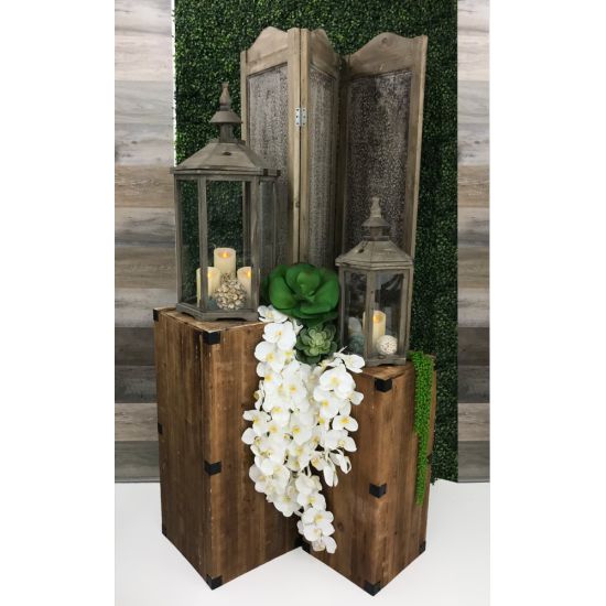 Set of five rustic vintage wooden crate-style accent tables in assorted sizes, farmhouse event décor rental.