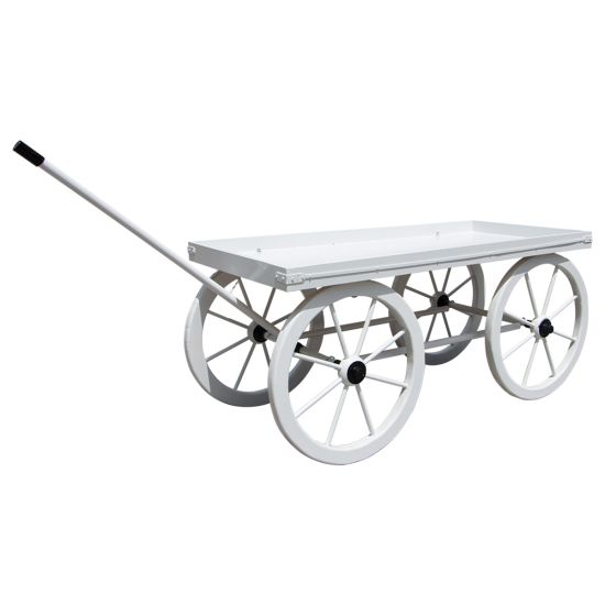 White vintage pull wagon with large spoked wheels, decorative cart for events or displays.