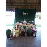 White vintage pull wagon with large spoked wheels, decorative cart for events or displays.