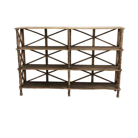 Rustic wooden shelving unit with crisscross back design, vintage storage or display shelf rental.