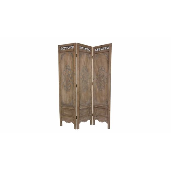 Rustic wood folding room divider with carved top details, freestanding panel wall for event backdrops, lounges, and space separation.