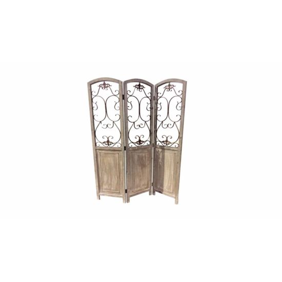 Vintage-style folding room divider with carved wood panels and ornate cutout detailing, decorative screen for weddings and event backdrops.