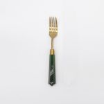 Acrylic salad fork with green handle and matte gold head, set of 10