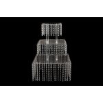 Three-tier square crystal display base with clear bead strands, elegant riser for dessert tables, cakes, and event décor.