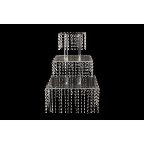 Three-tier square crystal display base with clear bead strands, elegant riser for dessert tables, cakes, and event décor.