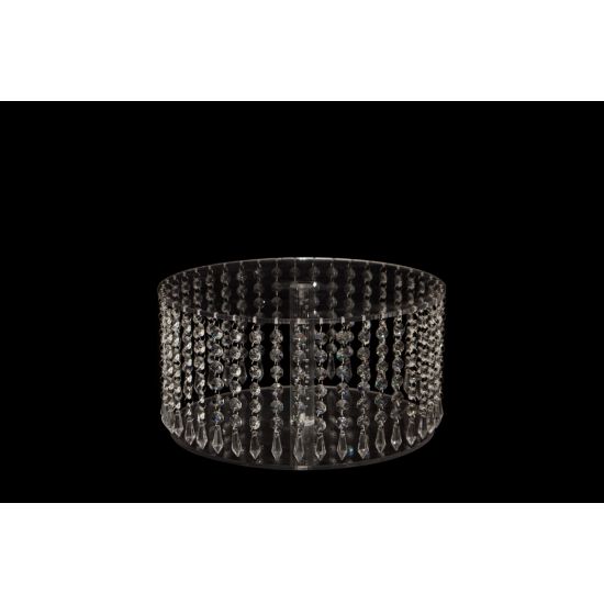 Round clear acrylic base with hanging crystal strands, 21-inch display riser for cakes, desserts, and wedding table décor.