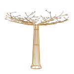 Gold metal wire tree centerpiece stand with branching arms, used for hanging décor or floral displays.