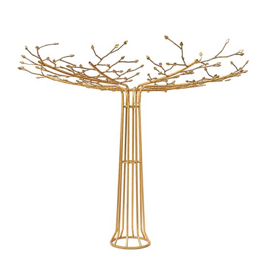 Gold metal wire tree centerpiece stand with branching arms, used for hanging décor or floral displays.