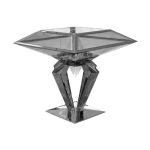 silver mirrored high-boy cocktail table with round top and sleek pedestal base for event rental