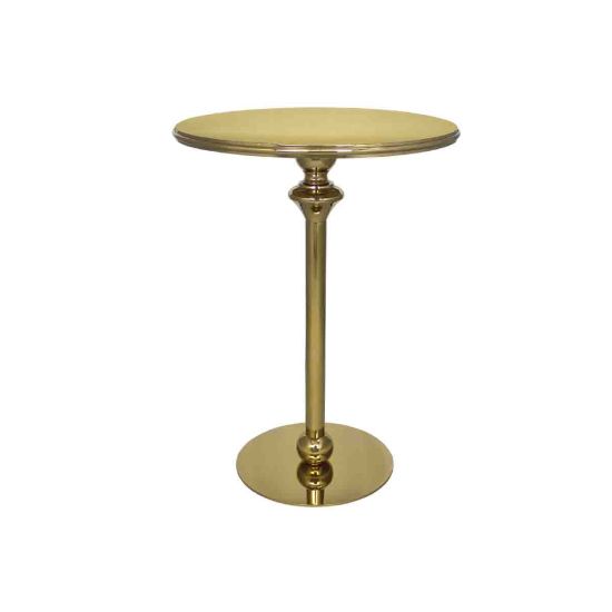 round gold-finish Reflection high-boy cocktail table with sleek pedestal base for luxury event rental