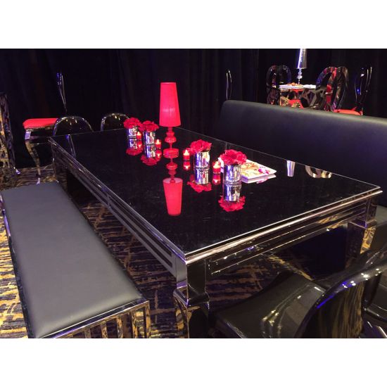 48 × 96-inch mirrored silver Reflection high-boy cocktail table with sleek pedestal base for luxury event rental