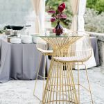 gold wire frame highboy cocktail table with round top and slender rod pedestal base ideal for upscale event rental