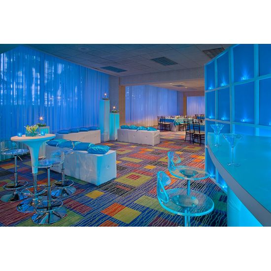 Adjustable-height Yellow scoop-top contemporary cocktail table with minimalist base, perfect for modern event lounge décor