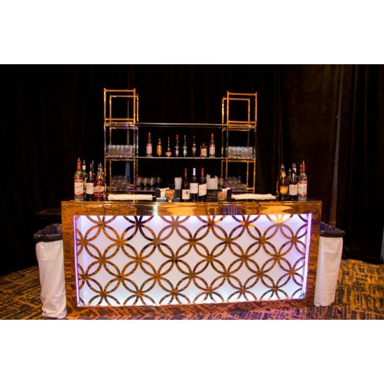 Art-Deco gold-metal front event bar rental unit with bold black geometric paneling “Reflection Bar 8′ Art Deco Extravaganza Gold-Black”
