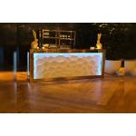 Silver-metallic front event bar rental unit “Reflection Bar 8′ (Eruption) Silver Extravaganza” with sleek modern design for upscale cocktail service.