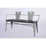 Urban loveseat in green metal with two bucket backrests and slatted bench seat, modern lounge seating rental for events and parties.