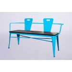 Urban loveseat in green metal with two bucket backrests and slatted bench seat, modern lounge seating rental for events and parties.